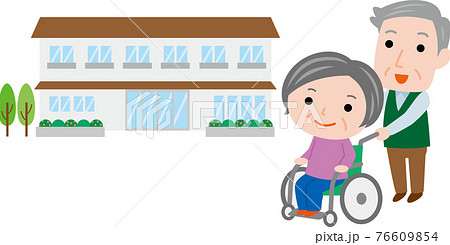 老人ホームを見る車椅子の高齢夫婦2のイラスト素材
