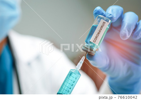 Novel Coronavirus (2019-nCoV) vaccine development medical with syringe for doctor use to treat pneumonia illness patients at Wuhan, China. 76610042