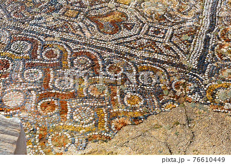 Ancient stone mosaic floor in ruined houses of Ephesus, Turkey Ancient stone mosaic floor in ruined houses of Ephesus, Turkey 76610449