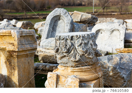 Preserved details of antique architecture from digs in Aizanoi, Turkey 76610580