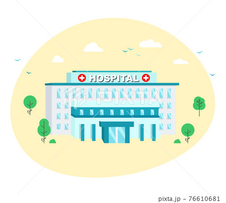 Hospital building in flat style on yellow round background. 76610681