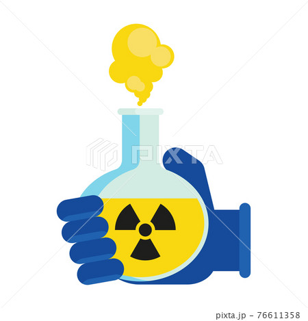 Hand in protective glove holding flask with toxic chemicals Hand in protective glove holding flask with toxic chemicals 76611358