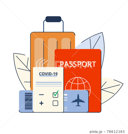 New normal. Safe travel in a pandemic. Immunity passport, tickets, permission, border opening. Vaccination requirement against Covid-19. Vector 76612163