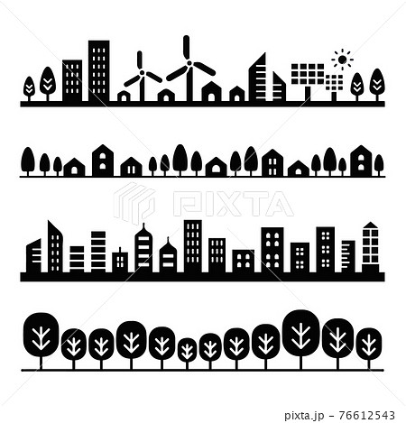 街並み 透過 町 パノラマ 横長 ライン 線 タウン 街路樹 シルエット モノクロ 挿絵 フッターのイラスト素材