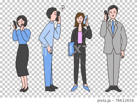 スマホで電話しているスーツ姿の男性と女性のイラスト素材 スマホで電話しているスーツ姿の男性と女性のイラスト素材