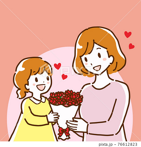 女の子が母親にカーネーションの花束を渡す線画イラストのイラスト素材