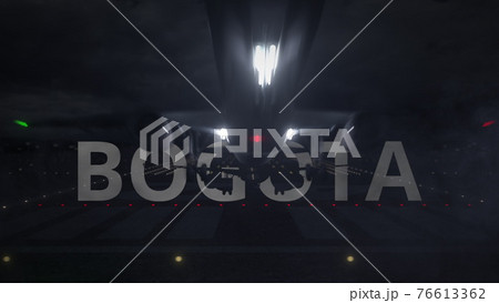 Plane taking off from the airport and BOGOTA city name. 3d rendering Plane taking off from the airport and BOGOTA city name. 3d rendering 76613362