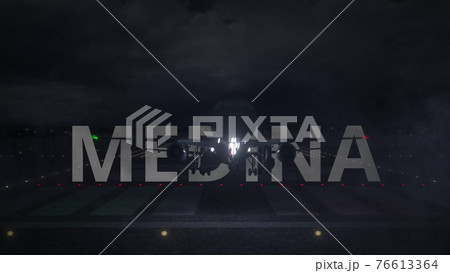 Airplane taking off from the airport with MEDINA city name, 3d rendering 76613364