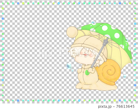 Snail holding an umbrella, with a dot frame of the rainy season, green ver Snail holding an umbrella, with a dot frame of the rainy season, green ver 76613645