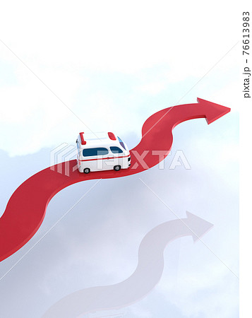 矢印の上を走るかわいい救急車　曲がりくねった道　CGイラスト縦 76613983