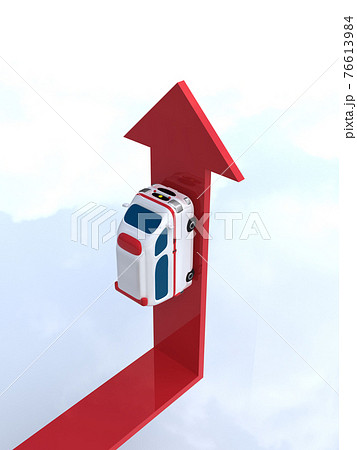 矢印の上を走るかわいい救急車　急激に増加　CGイラスト縦 76613984
