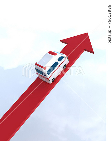 矢印の上を走るかわいい救急車　右肩上がり直線グラフ　CGイラスト縦 76613986