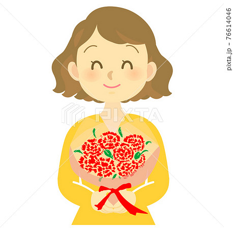 イラスト素材 母の日にカーネーションをプレゼントする女性 プレゼントを受け取るオレンジ服のママのイラスト素材