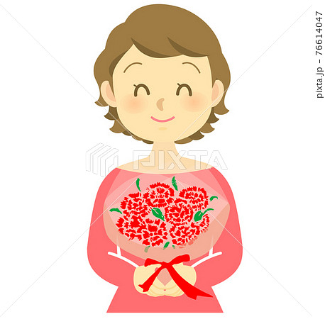 イラスト素材 母の日にカーネーションをプレゼントする女性 プレゼントを受け取るピンク服のママのイラスト素材