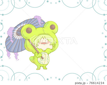 和傘をさすカエルさん 梅雨の和風水紋フレーム付き 紺色verのイラスト素材