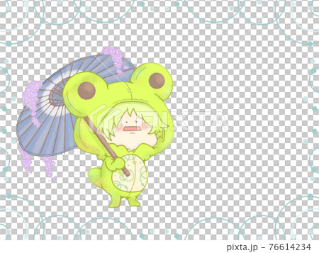 和傘をさすカエルさん 梅雨の和風水紋フレーム付き 紺色verのイラスト素材