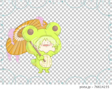 和傘をさすカエルさん 梅雨の和風水紋フレーム付き カラシ色ver 和傘をさすカエルさん 梅雨の和風水紋フレーム付き カラシ色ver 76614235