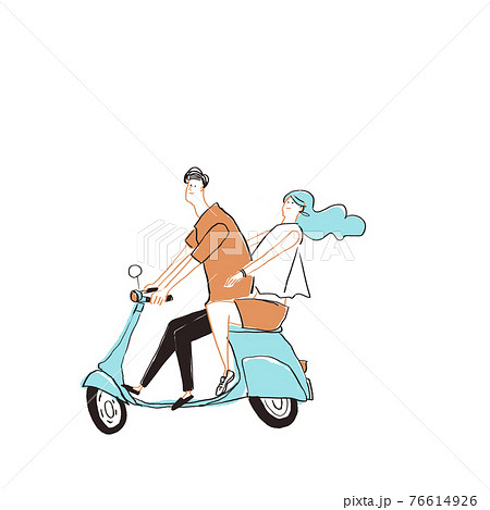 スクーター バイクに乗る男女 カップル ドライブ デート のイラスト素材