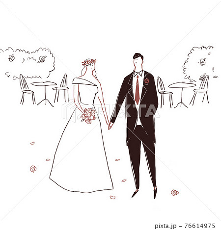 手をつないだカップル、新郎新婦、ウエディング、結婚、ブーケ、人物、ガーデンウエディング、 76614975