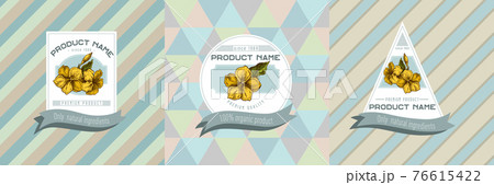 Three colored labels with illustration of allamanda 76615422