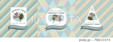 Three colored labels with illustration of cinchona Three colored labels with illustration of cinchona 76615474