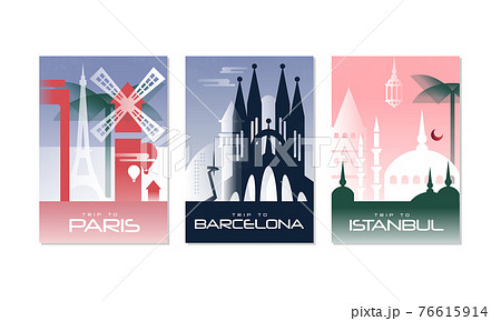 Travel the World Poster with Paris, Barcelona and Istanbul City View Vector Set Travel the World Poster with Paris, Barcelona and Istanbul City View Vector Set 76615914