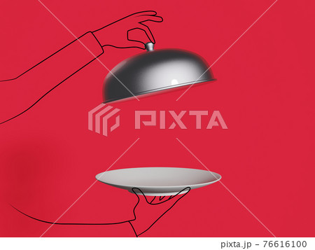 3D and doodles of side view of a waiter holding an empty plate against red background 3D and doodles of side view of a waiter holding an empty plate against red background 76616100