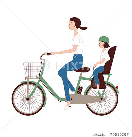 電動アシスト自転車 二人乗り お母さんと子供のイラスト素材 [76619297 