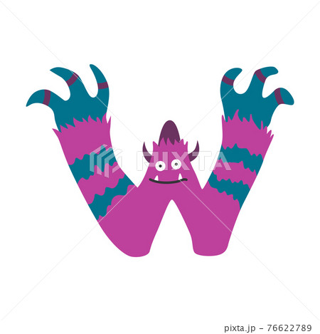 Monster alphabet symbol. Letter W of english alphabet shaped as monster. Children colorful cartoon funny fictional character isolated on white background 76622789