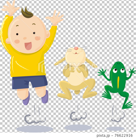 ジャンプする男の子とウサギとカエル 76622916