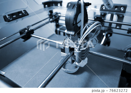 Work 3d printer close. Printing 3D printer Object Blue Gray plastic Work 3d printer close. Printing 3D printer Object Blue Gray plastic 76623272