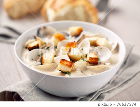 Creamy Clam Chowder on a plate. High quality photo. 76627574