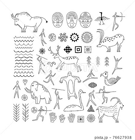 A set of decorative elements from rock art. Prehistoric drawings. Outline. A set of decorative elements from rock art. Prehistoric drawings. Outline. 76627938