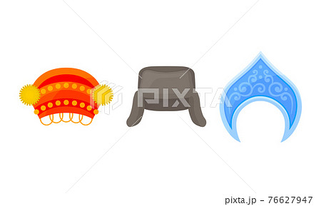 Various National Headdress with Kokoshnik and Fur Hat with Earflaps Vector Set Various National Headdress with Kokoshnik and Fur Hat with Earflaps Vector Set 76627947