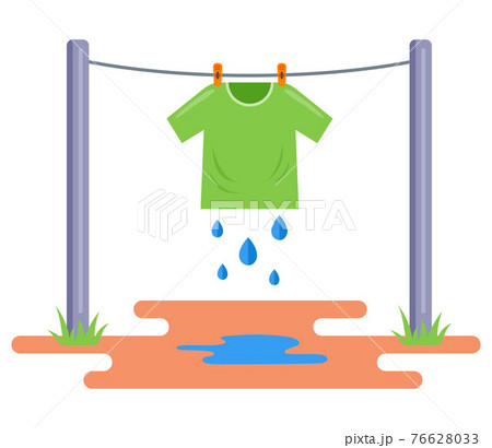 the washed T-shirt is dried in the open air. hang wet clothes on a rope. 76628033