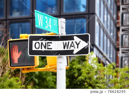 One way traffic sign on the West 34 Street in...の写真素材