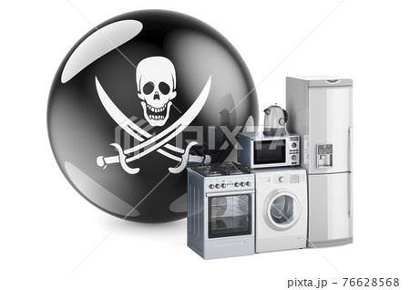 Kitchen and household appliances with piracy flag, 3D rendering Kitchen and household appliances with piracy flag, 3D rendering 76628568