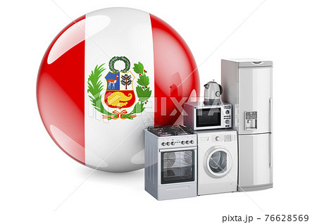 Kitchen and household appliances with Peruvian flag. Production, shopping and delivery of home appliances in Peru concept. 3D rendering Kitchen and household appliances with Peruvian flag. Production, shopping and delivery of home appliances in Peru concept. 3D rendering 76628569