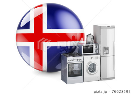 Kitchen and household appliances with Icelandic flag. Production, shopping and delivery of home appliances in Iceland concept. 3D rendering 76628592