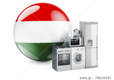 Kitchen and household appliances with Hungarian flag. Production, shopping and delivery of home appliances in Hungary concept. 3D rendering 76628593