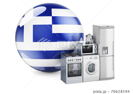 Kitchen and household appliances with Greek flag. Production, shopping and delivery of home appliances in Greece concept. 3D rendering Kitchen and household appliances with Greek flag. Production, shopping and delivery of home appliances in Greece concept. 3D rendering 76628594