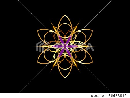 Flower of Life symbol Sacred Geometry. Gold luxury Logo icon round geometric mystic purple mandala of alchemy esoteric Seed of life. Vector divine meditative amulet isolated on black background 76628815