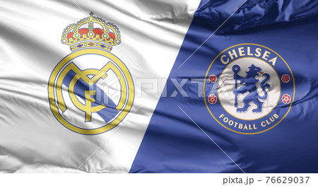 Calgary, Alberta, Canada. April 14, 2021. A flag with Real Madrid vs Chelsea match of champions league. Calgary, Alberta, Canada. April 14, 2021. A flag with Real Madrid vs Chelsea match of champions league. 76629037