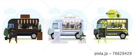 Set of vector food trucks with pizza, donuts and ice cream. Vector flat illustration of a fast food place on wheels with a striped awning and an advertising stand with a menu. Stylish retro 76629429