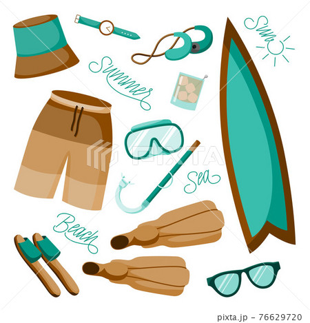 Vector set of summer beach elements and summering words beach, sun, sea, summer. Vector set of summer beach elements and summering words beach, sun, sea, summer. 76629720