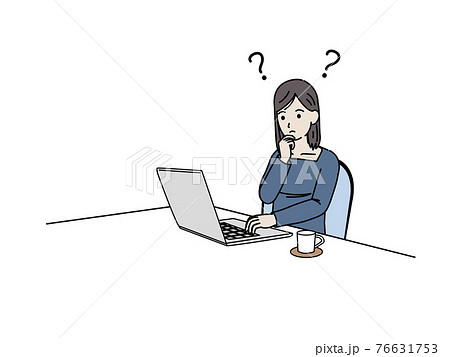 パソコンを使う若い女性 疑問 考える 検索 調べる イラスト素材のイラスト素材