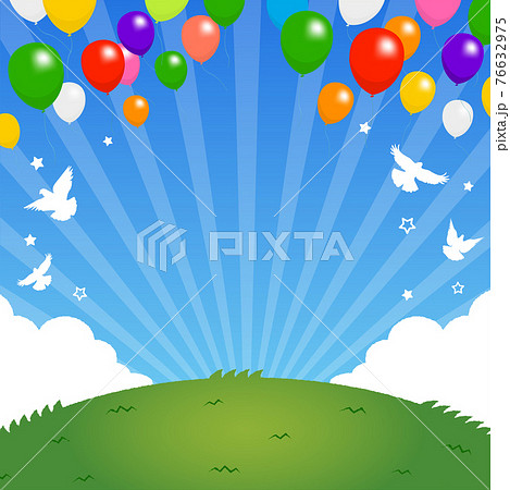 背景素材 青空と草原 お祝い 明るい カラフルな 正方形バナー イラスト テキストスペース のイラスト素材