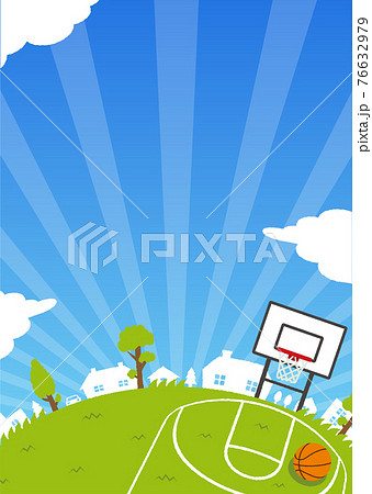 背景素材 青空と草原 スポーツ バスケットボール 縦 バナー イラスト テキストスペース のイラスト素材