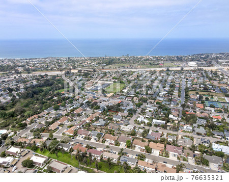Aerial view of Cardiff, community in the incorporated city of Encinitas in San Diego County 76635321