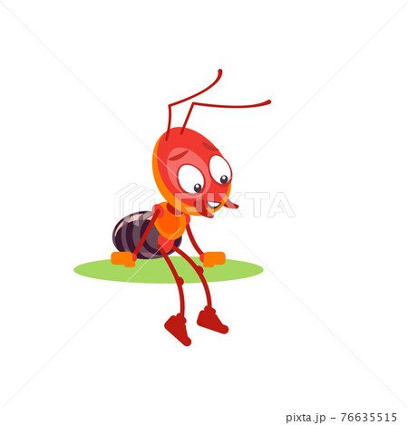 Ant cartoon style illustration isolated on white background. A happy, cheerful insect sits on a leaf and rests after a hard day's work 76635515